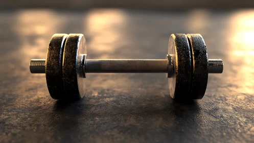 Grit-worn dumbbell resting in molten sunset gym light.