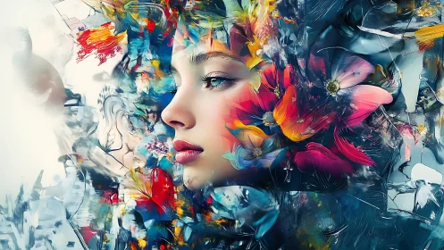 Female profile blended with vivid abstract floral forms.