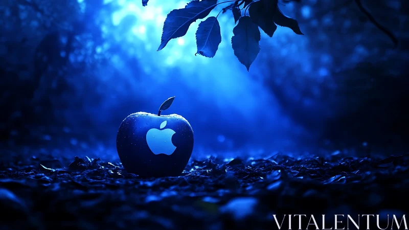 Bioluminescent blue apple logo fruit under cinematic forest light