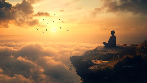 Meditative silhouette on cloudline cliff under stratified dawn.