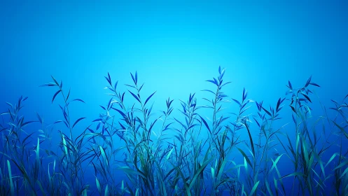 Blue gradient meadow with stylized reeds in silhouette.