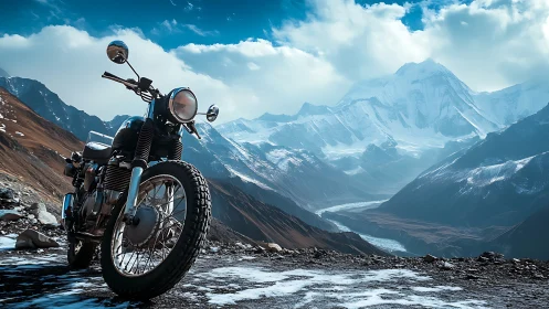 Motorcycle paused on a snowy ridge facing endless mountains.