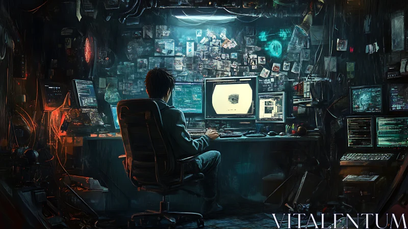 Solitary codebreaker in neon-lit cybernetic midnight bunker.