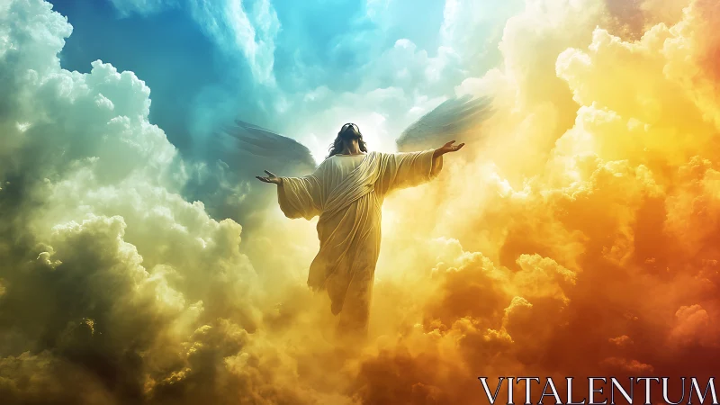 Radiant winged figure rising through sunlit painted clouds.