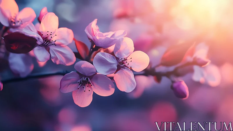 Cherry Blossom Branch with Delicate Pink Petals and Soft Focus