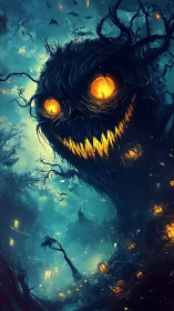 Sinister pumpkin tree monster looms over haunted forest.