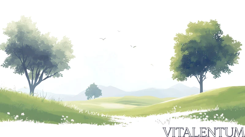 Pastel hillside landscape with soft trees and distant peaks.