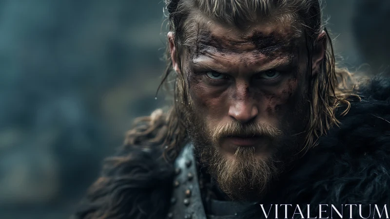 Battle-worn Viking warrior glares through cold northern mist