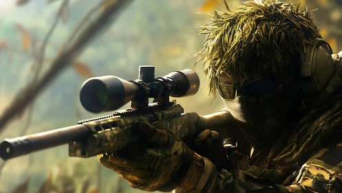 Tactical Sniper in Ghillie Suit Aiming Through Rifle Scope.