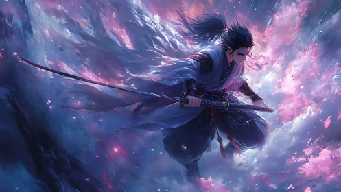 Samurai swordsman stands amid swirling pink and blue clouds