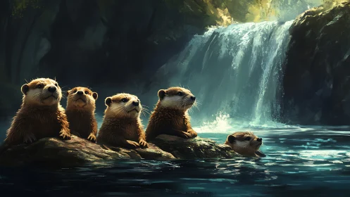 Otter family resting on river rocks beneath waterfall.