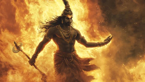 Warrior deity stands in dynamic pose within blazing fire
