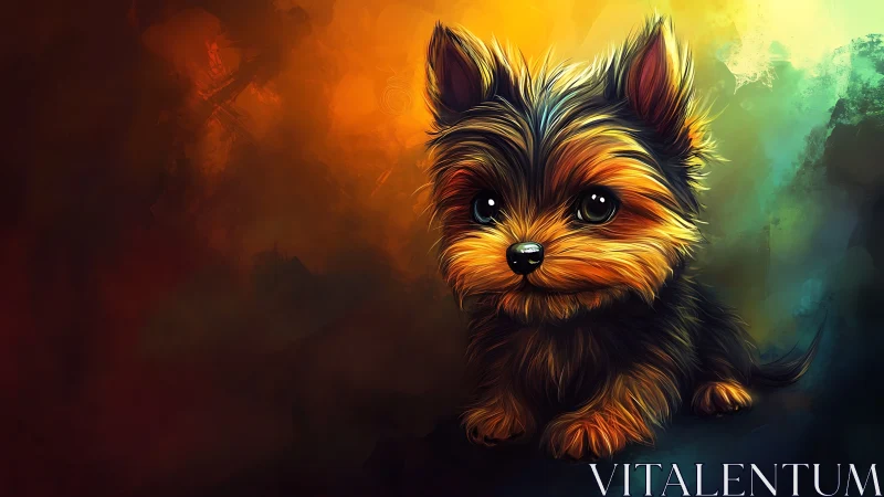 Glow-eyed puppy marooned in a storm of molten color.