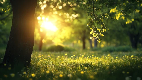 Serene Sunlit Meadow with Trees in Soft Morning Light, Nature Style.