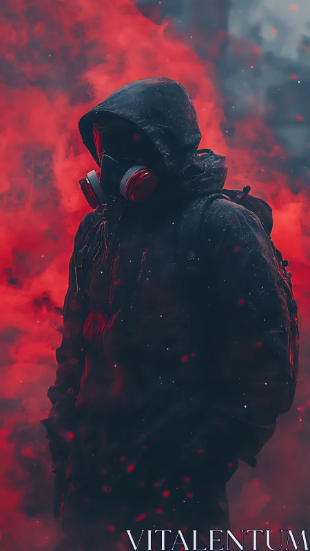 Hooded survivor in crimson smoke, cinematic cyberpunk tone.