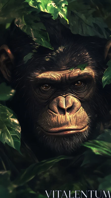 Chimpanzee face rendered in dense jungle foliage context