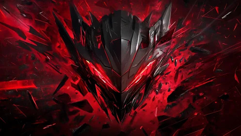 Crimson cyber mask exploding through shards of light.