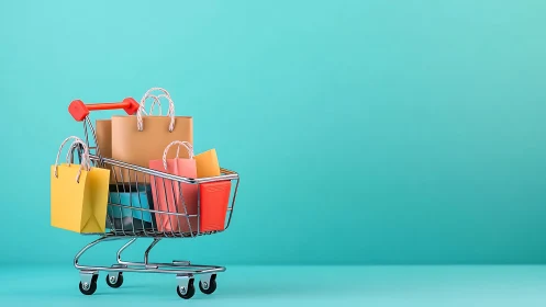Minimalist shopping cart with colorful bags on teal backdrop