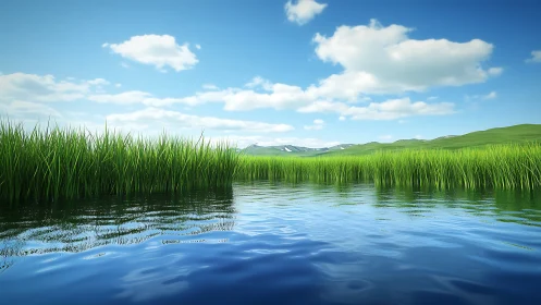 Quiet riverside grasses under a bright open sky.