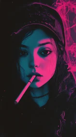 Neon-lit young woman smokes cigarette in moody portrait