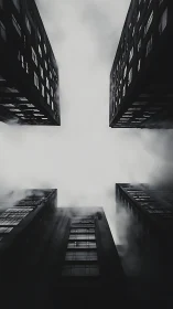Monochrome towers rise into mist, framing a stark sky window