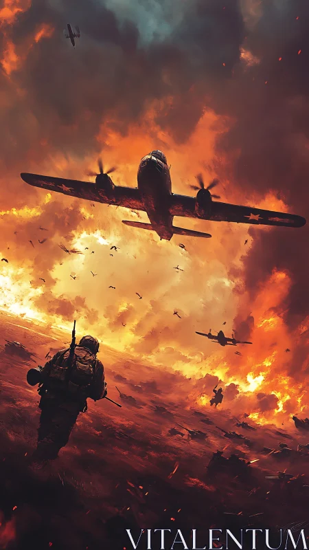 Aerial assault corridor over incendiary battlefield horizon.