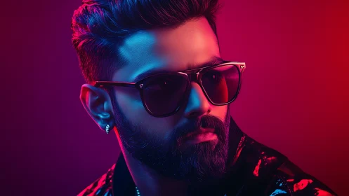 Neon-shadowed bearded icon in cinematic nightclub glow.