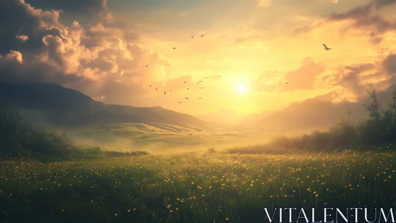 Digital painting sunrise over misted wildflower valley panorama.