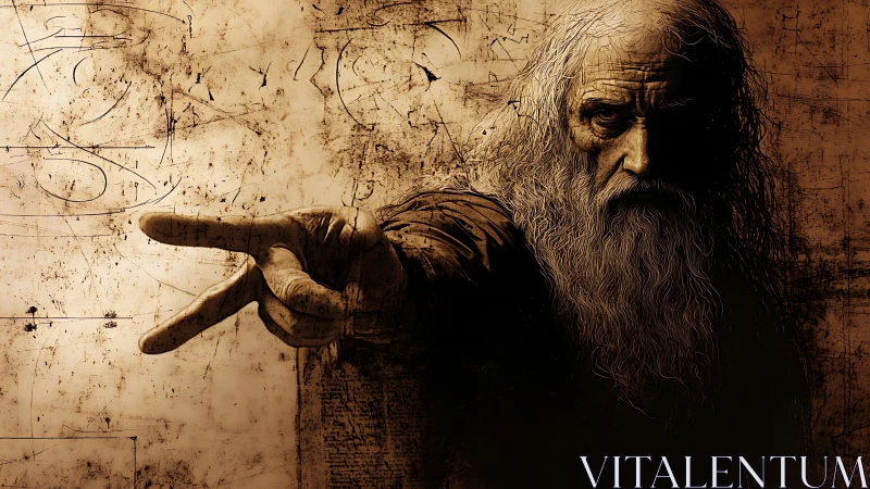 Elder mystic extends hand within sepia architectural script.