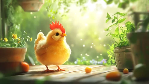 Yellow chick with red comb in garden setting with potted plants.