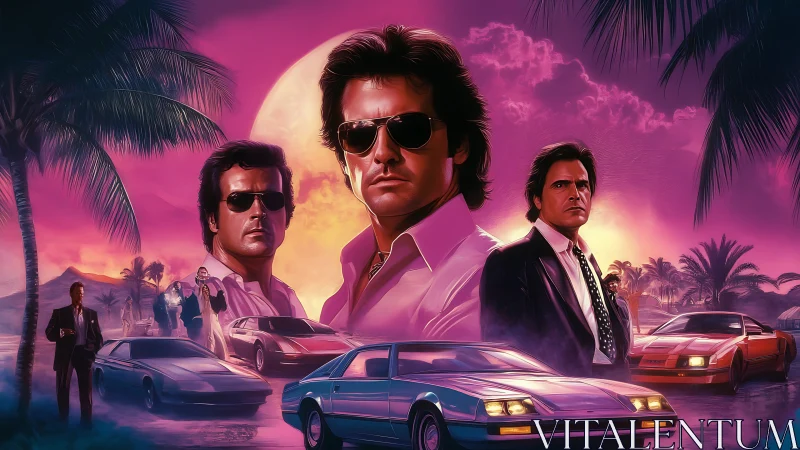 Neon noir kingpins cruise under molten Miami dusk glow.