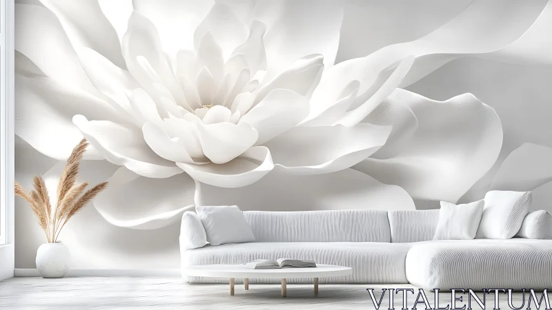 Large white flower mural in minimalist living room interior.