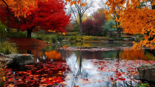 Autumn mirror pond where scarlet leaves quietly rehearse.