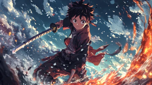 Young anime swordsman charges through swirling firestorm.