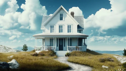 Coastal farmhouse under vast sky with wraparound porch.