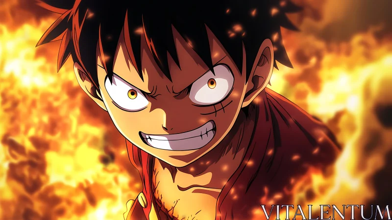 Fiery anime hero grinning through the heat of battle.