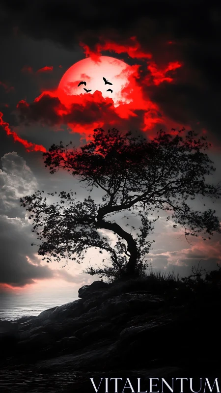 Crimson moonrise over a lone windswept seaside tree.