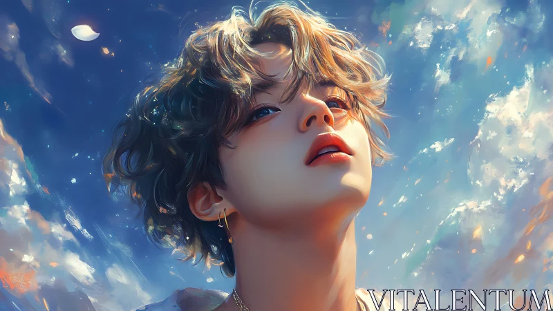 Sky-drunk dreamer tilts their gaze into painted sunlight