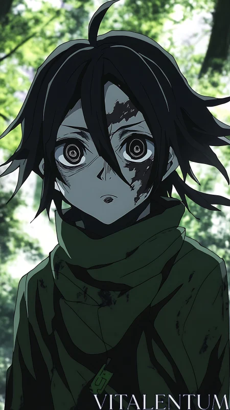Anime character with dirt-marked face in forest setting.