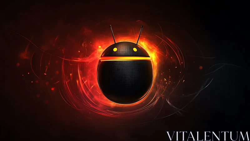 Android-inspired orb ignites with fiery digital energy.