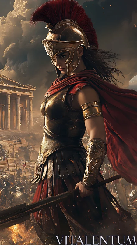 Armored hoplite commander amid classical battlefield turbulence.