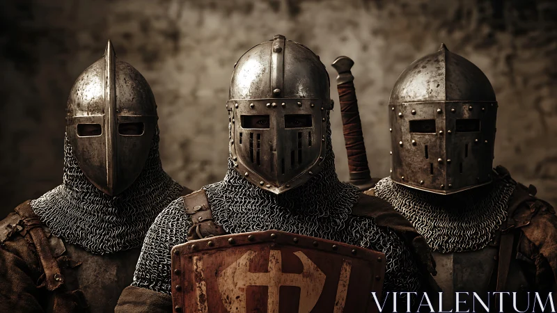Three steadfast medieval knights stand ready in full armor