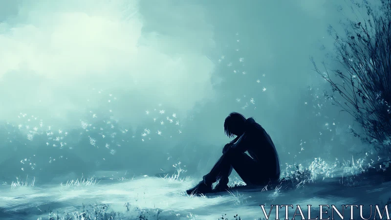 Silhouetted figure sits on ground in blue-toned outdoor scene