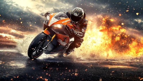 Superbike racer powers through fiery cinematic storm.