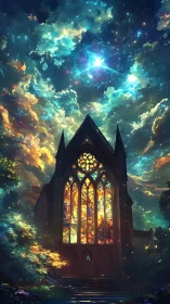 Starlit cathedral window glows beneath a swirling cosmic sky