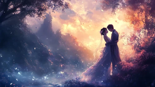 Luminescent fantasy couple embracing within incandescent forest canyon environment