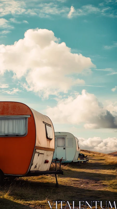 Vintage caravans aligned beneath expansive cloud-drenched sky.