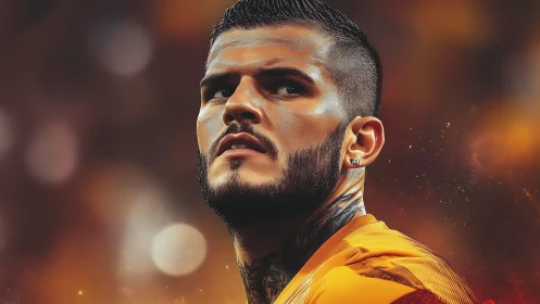 Firelit football guardian stares down the roaring stadium night.