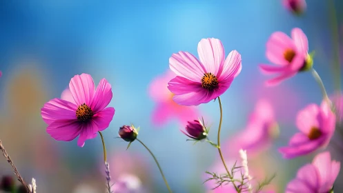 Pink cosmos flowers are shown in shallow depth of field