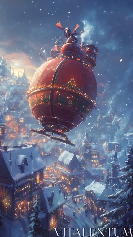 Snowy village with red flying sleigh airship at night.